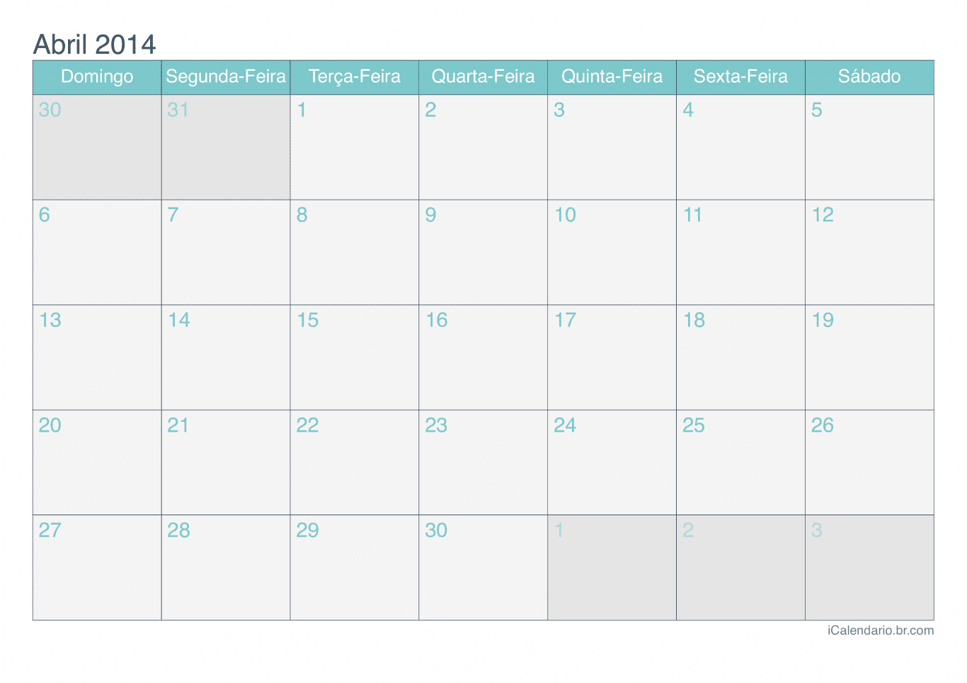 Calendário de abril 2014 - Turquesa