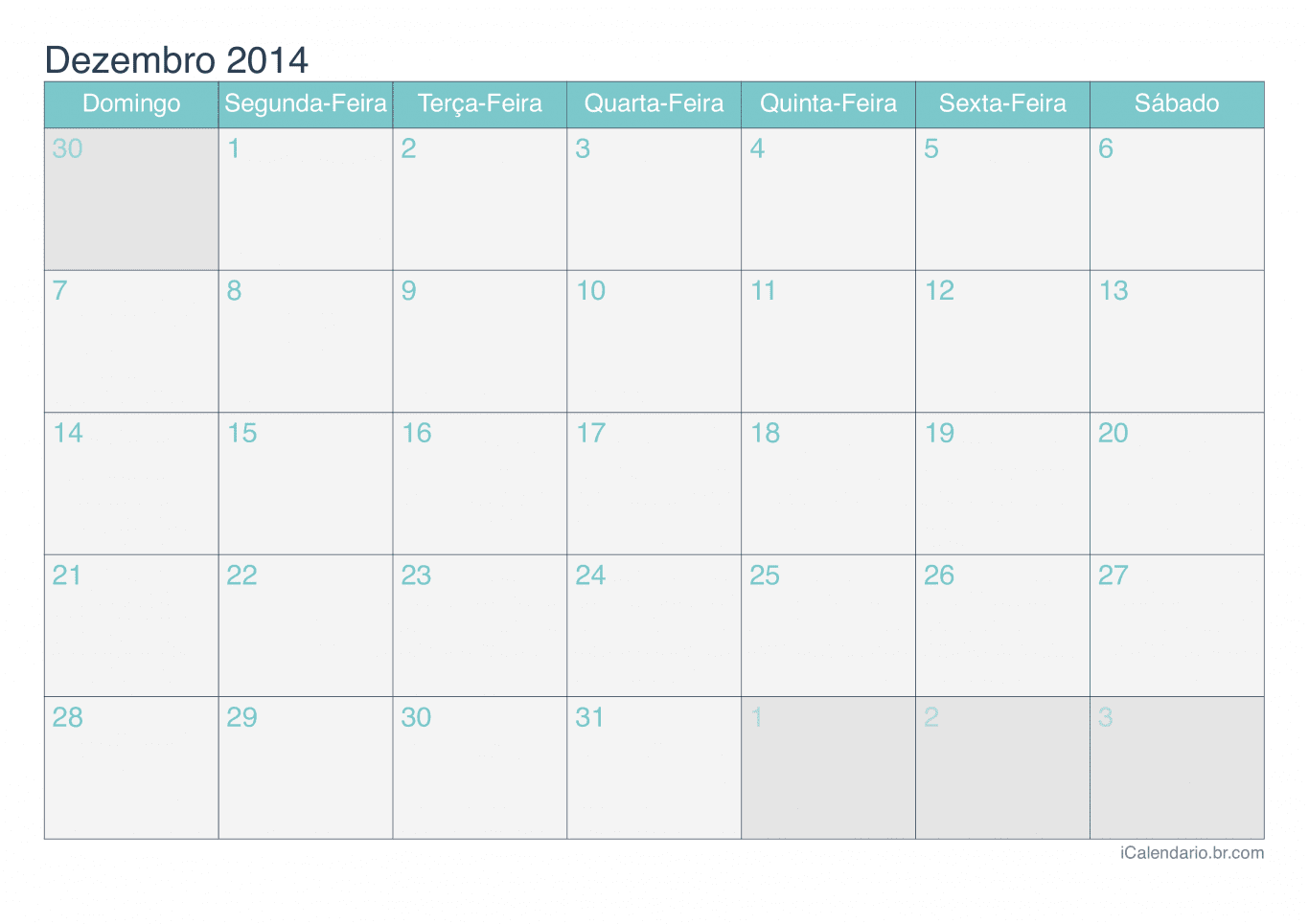 Calendário de dezembro 2014 - Turquesa