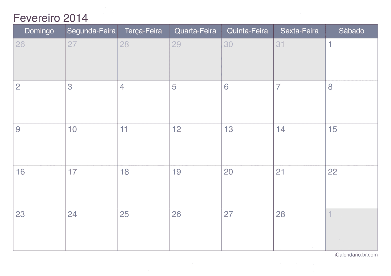 Calendário de fevereiro 2014 - Office
