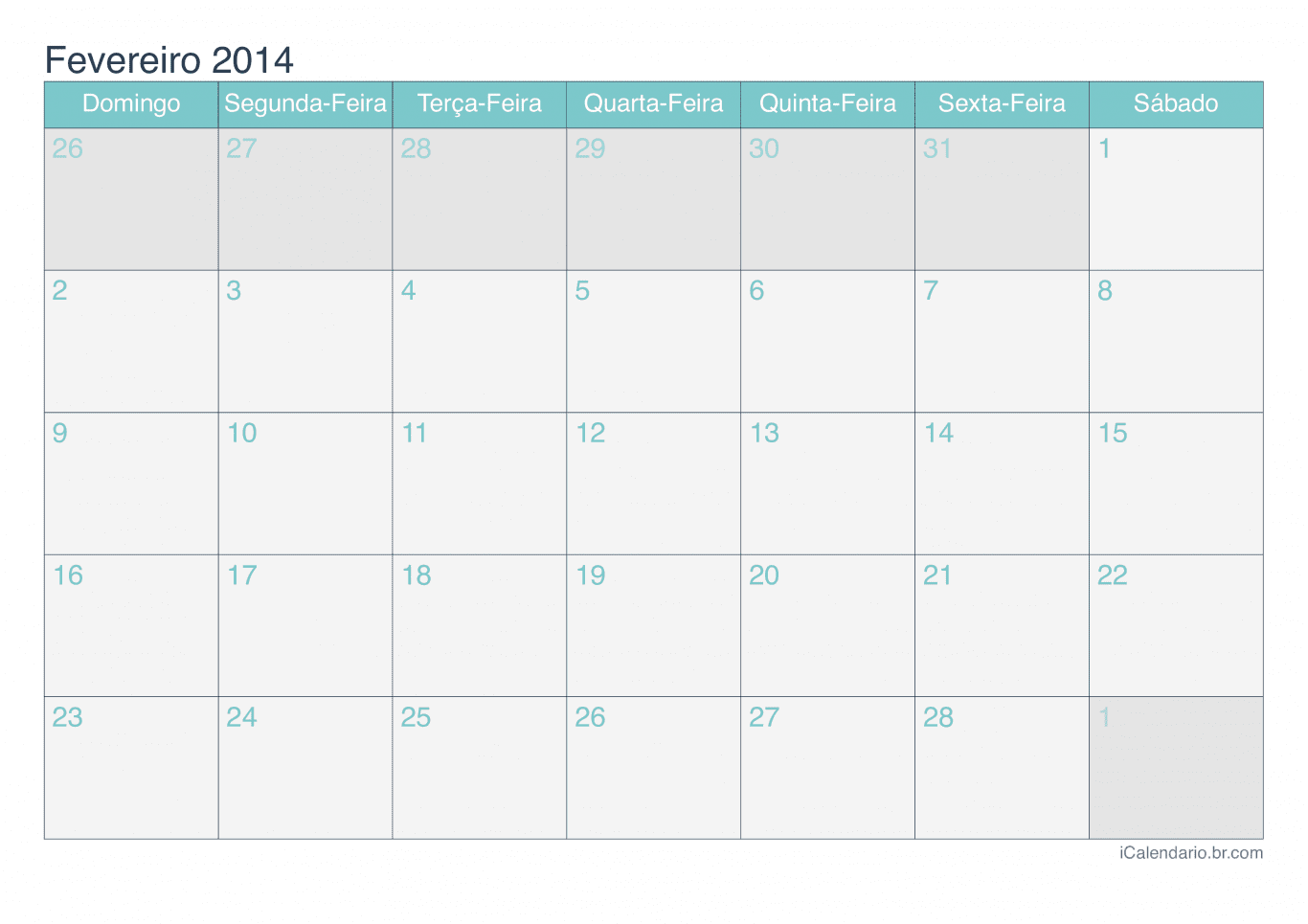 Calendário de fevereiro 2014 - Turquesa