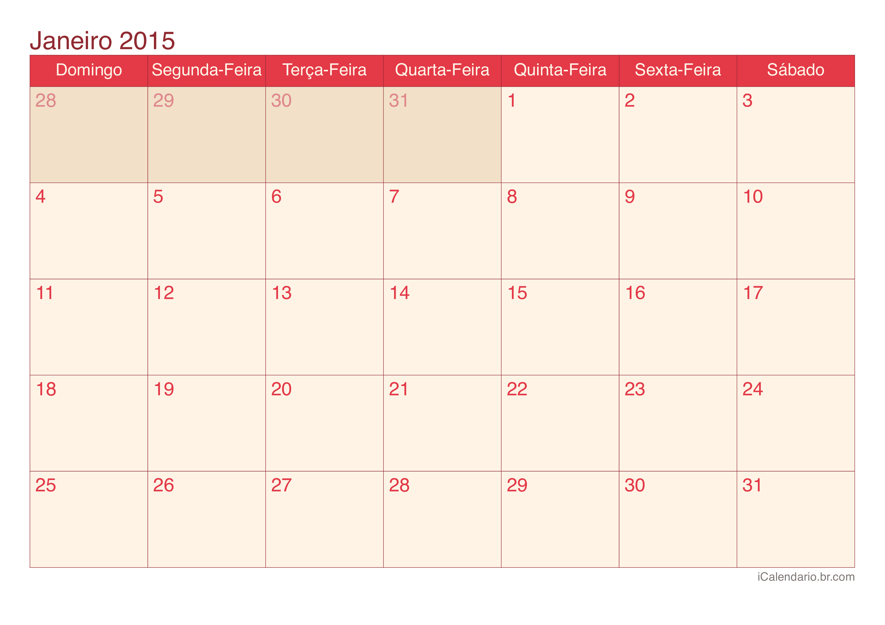 Calendário por mês 2015 - Cherry