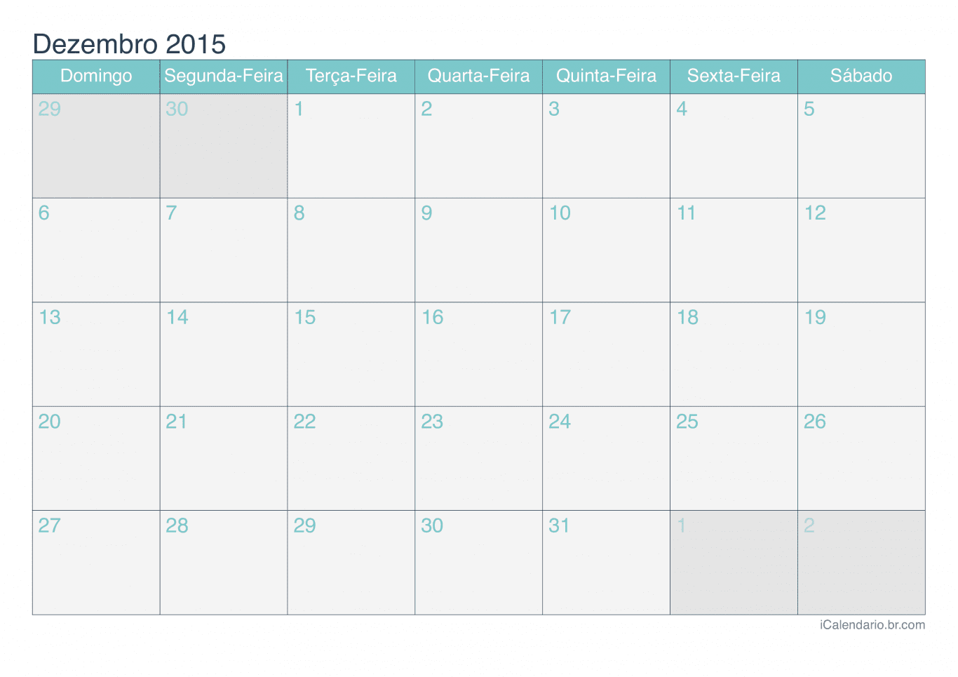 Calendário de dezembro 2015 - Turquesa