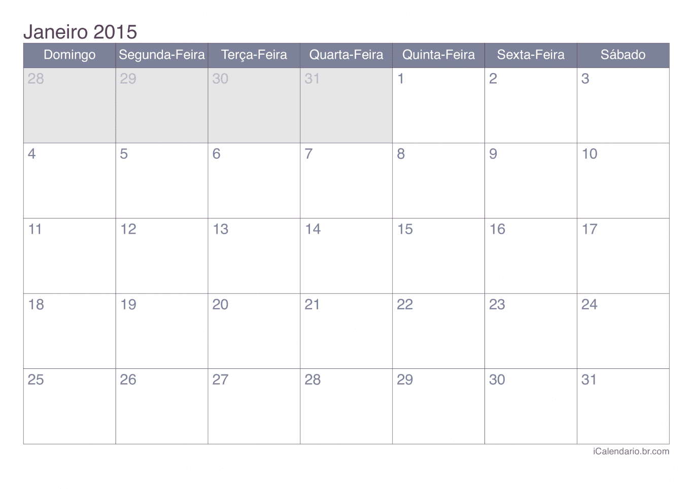 Calendário de janeiro 2015 - Office