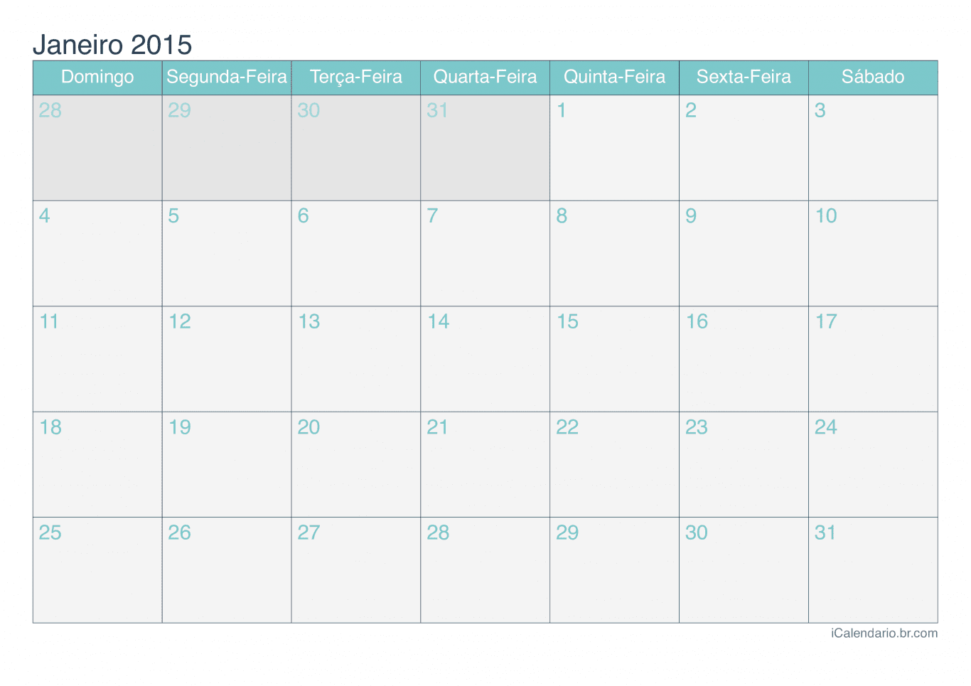 Calendário de janeiro 2015 - Turquesa