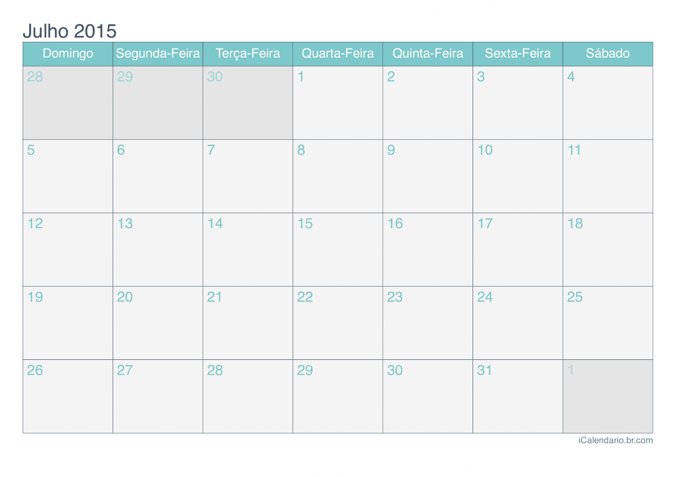 Calendário de julho 2015 - Turquesa