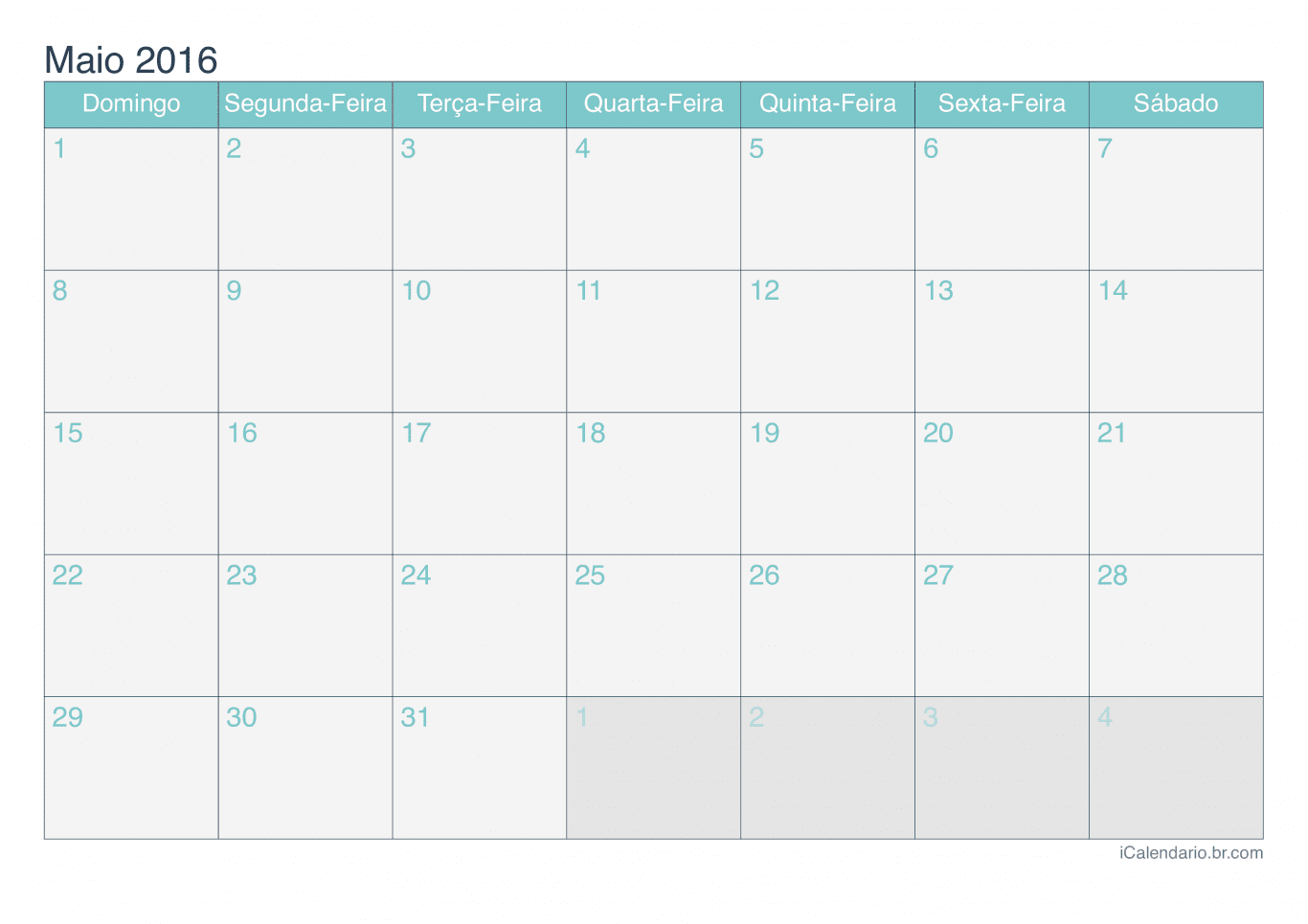 Calendário de maio 2016 - Turquesa