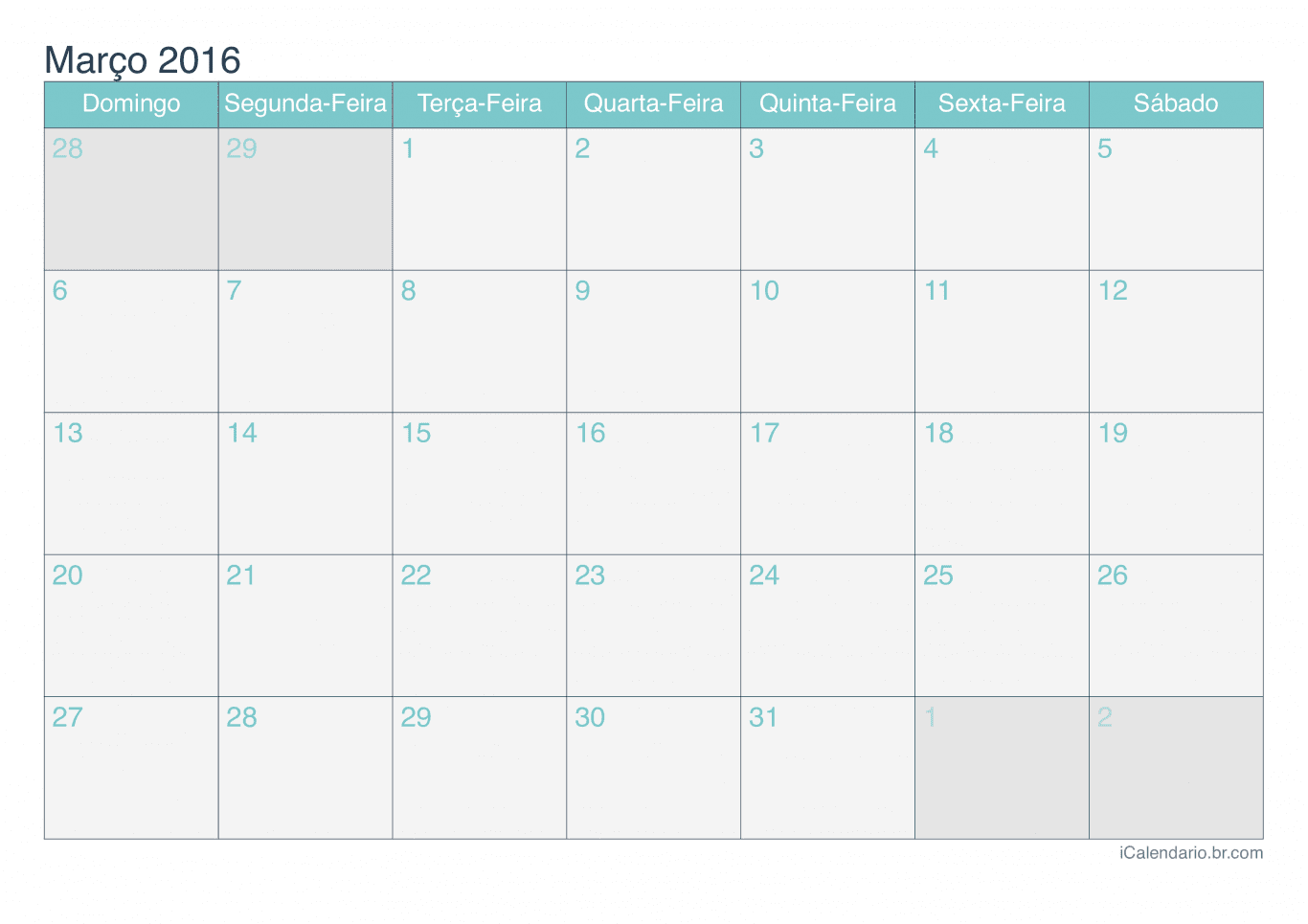 Calendário de março 2016 - Turquesa