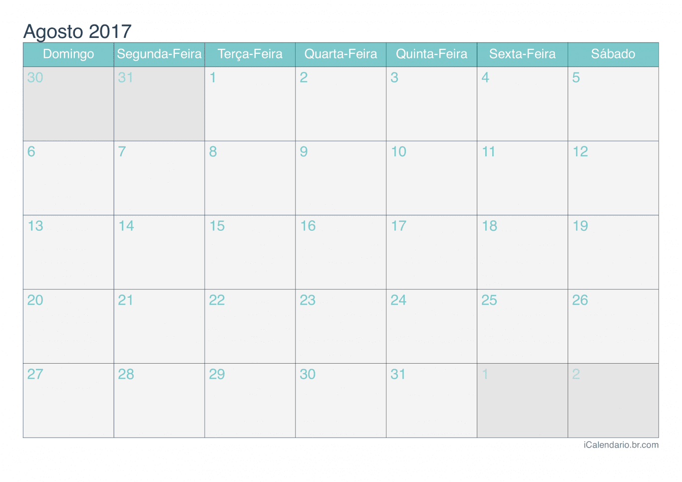 Calendário de agosto 2017 - Turquesa