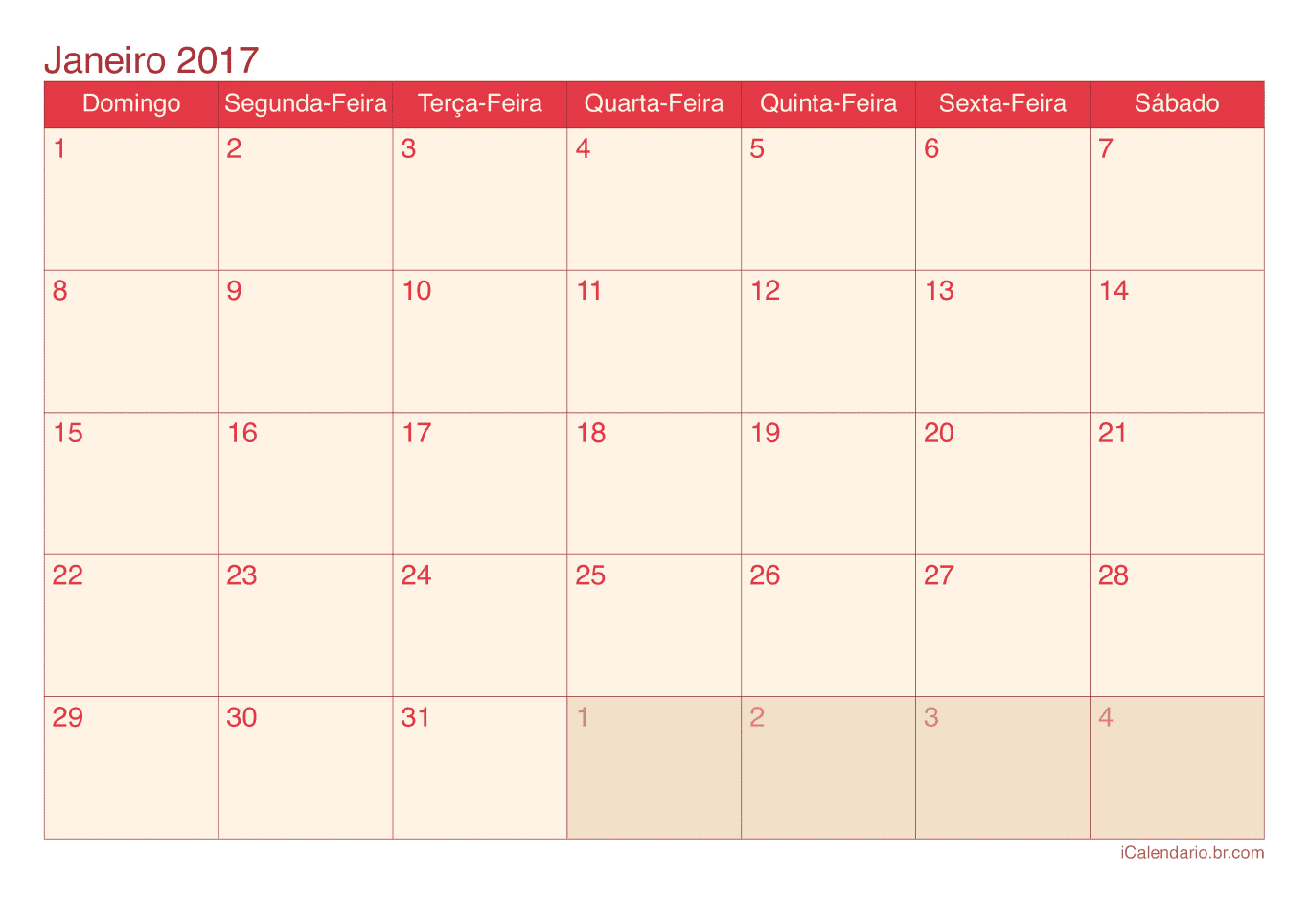 Calendário por mês 2017 - Cherry