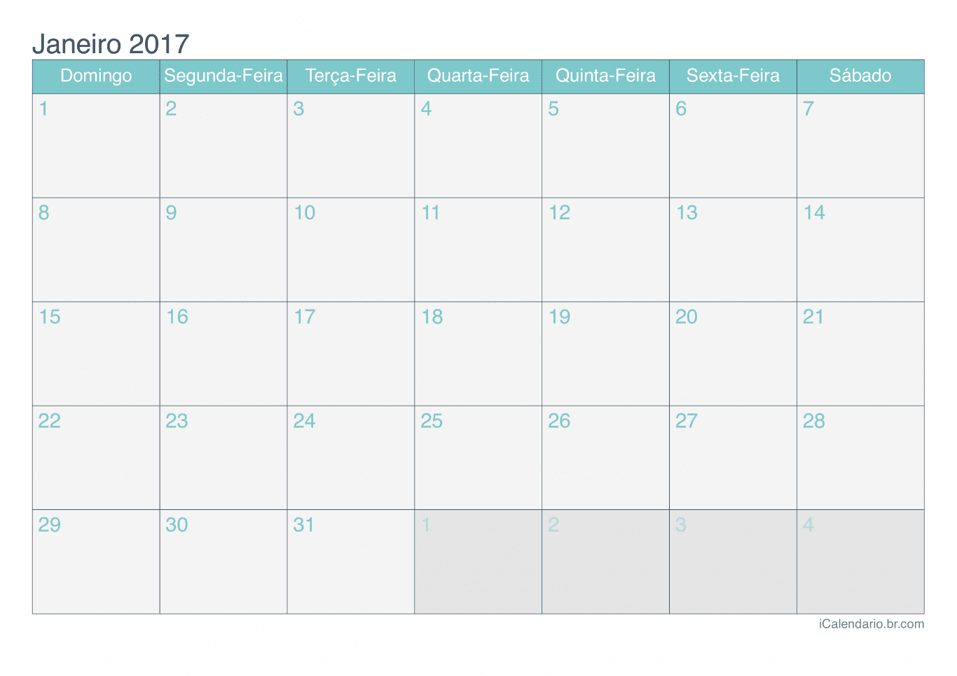 Calendário por mês 2017 - Turquesa
