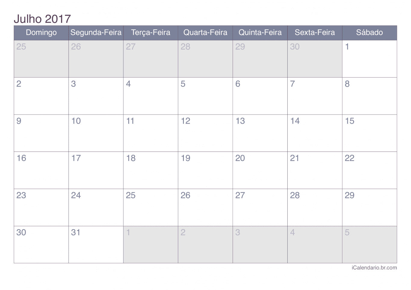Calendário de julho 2017 - Office