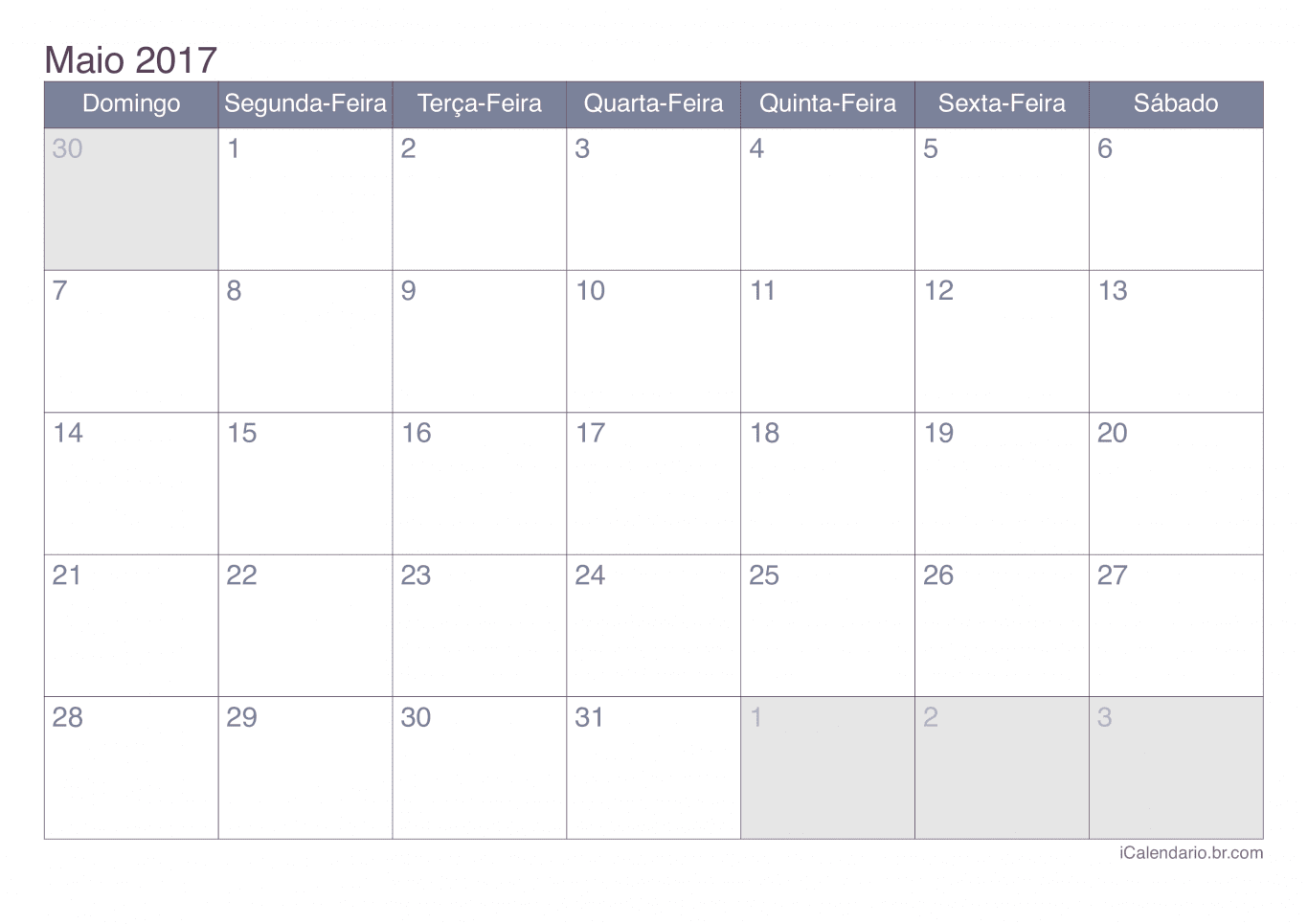 Calendário de maio 2017 - Office