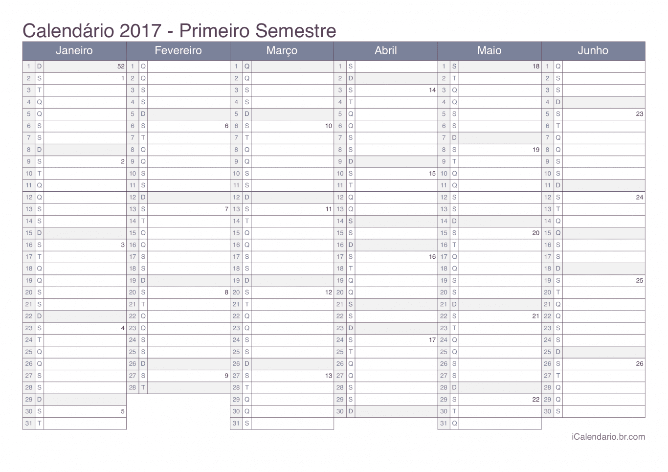 Calendário por semestre com números da semana 2017 - Office