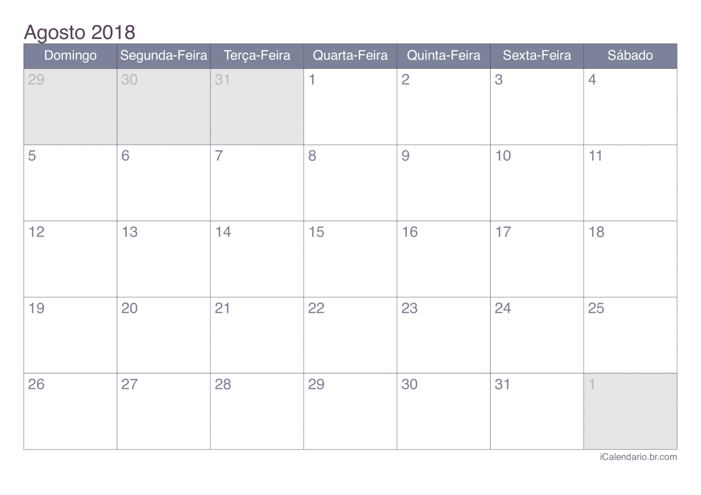 Calendário de agosto 2018 - Office