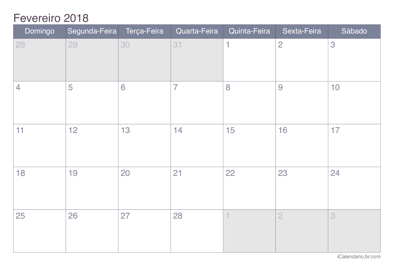 Calendário de fevereiro 2018 - Office