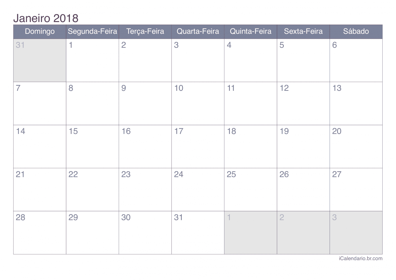 Calendário de janeiro 2018 - Office