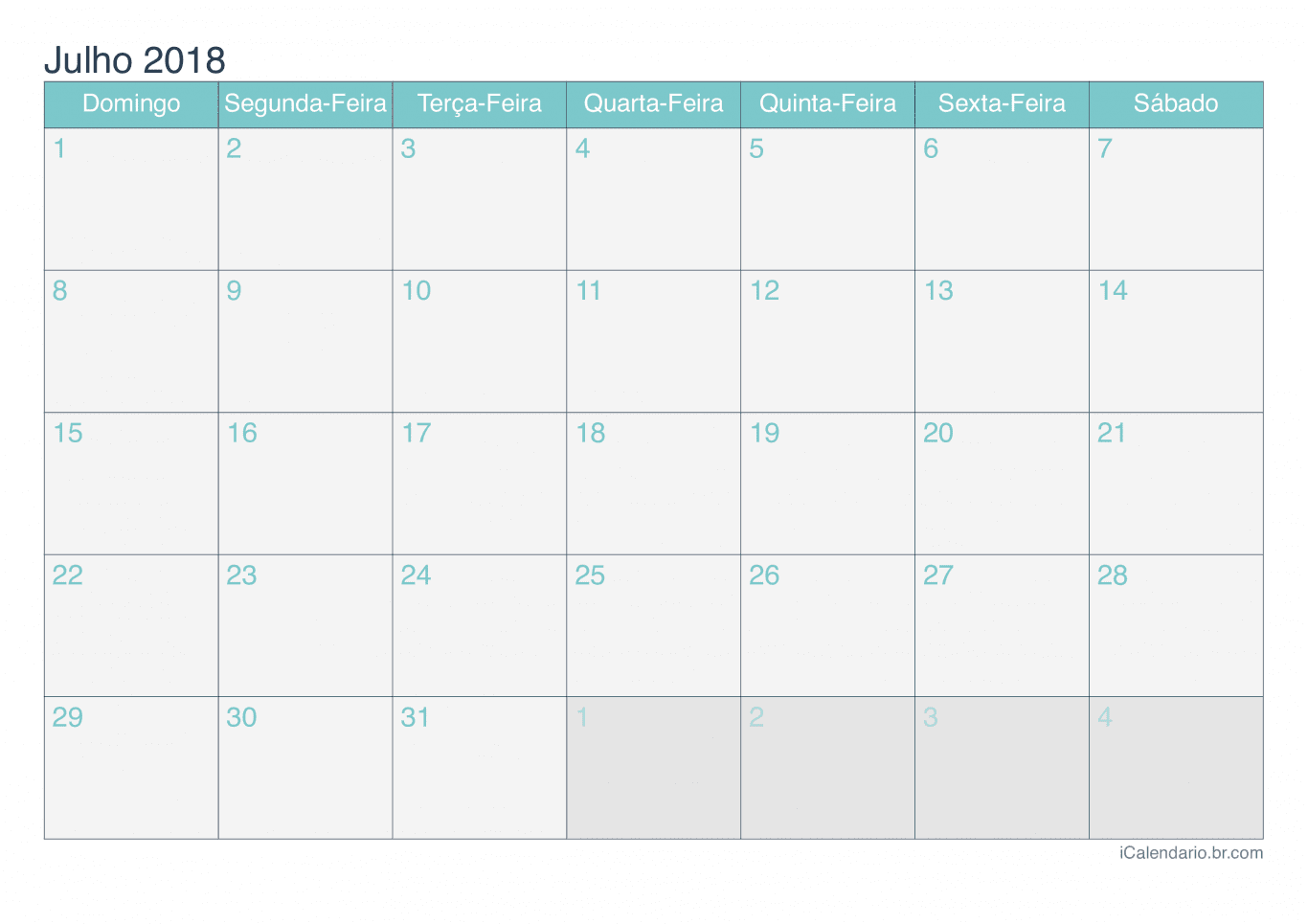 Calendário de julho 2018 - Turquesa