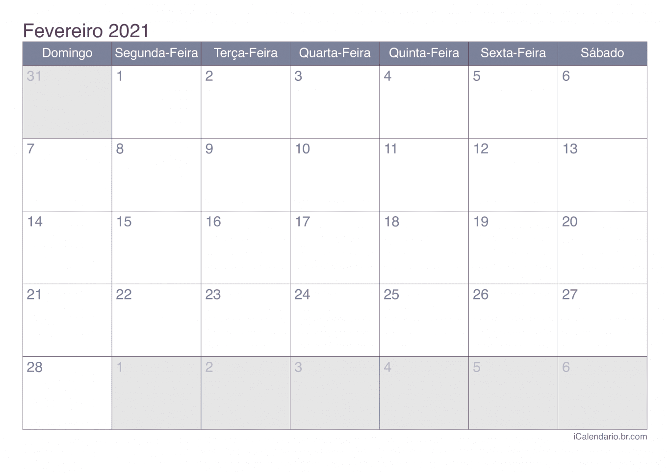 Calendário de fevereiro 2021 - Office