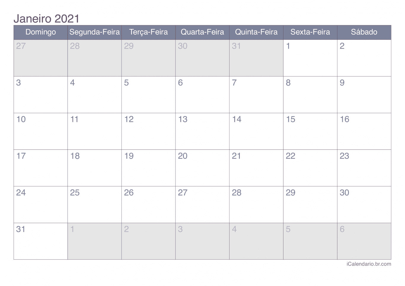 Calendário de janeiro 2021 - Office