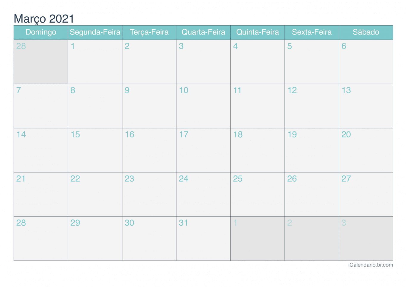 Calendário de março 2021 - Turquesa