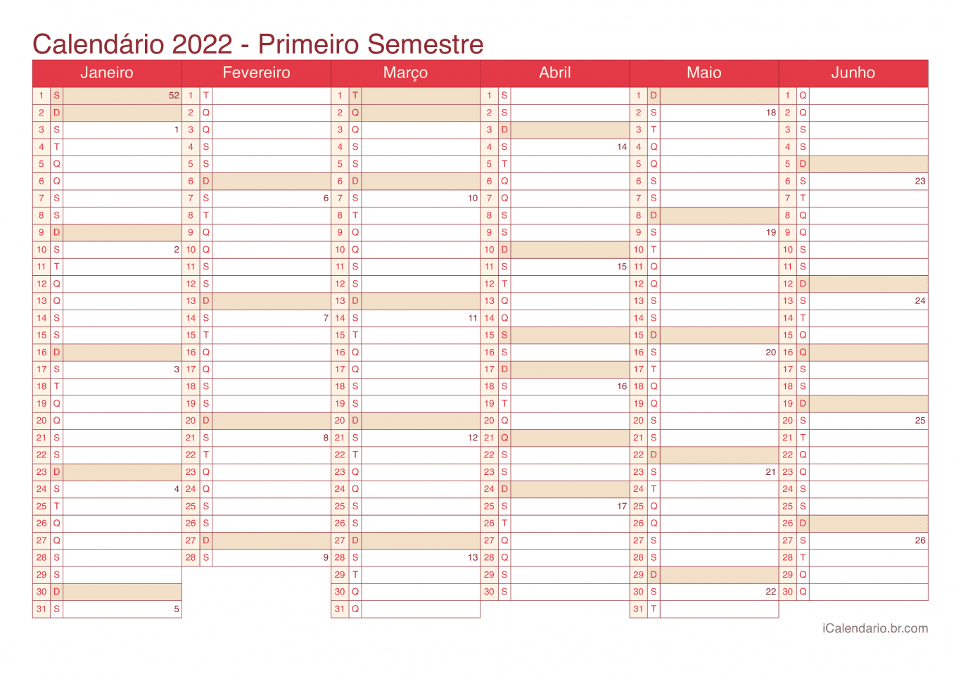 Calendário por semestre com números da semana 2022 - Cherry