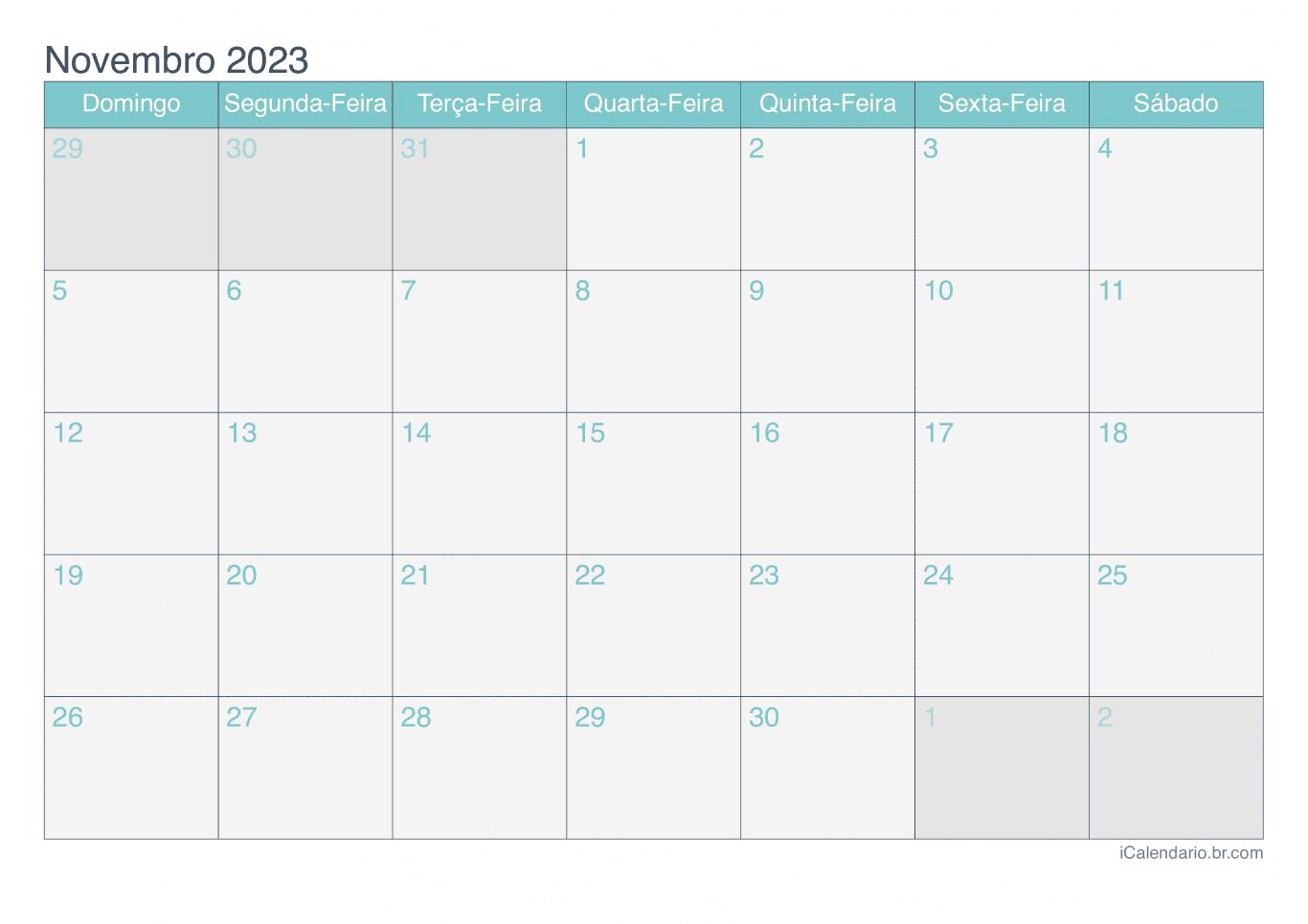 Calendário de novembro 2023 - Turquesa