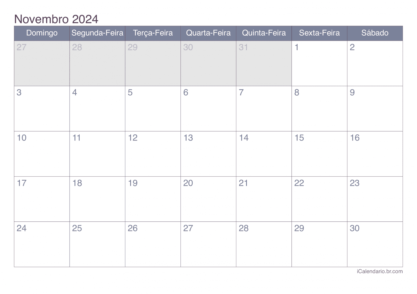 Calendário de novembro 2024 - Office