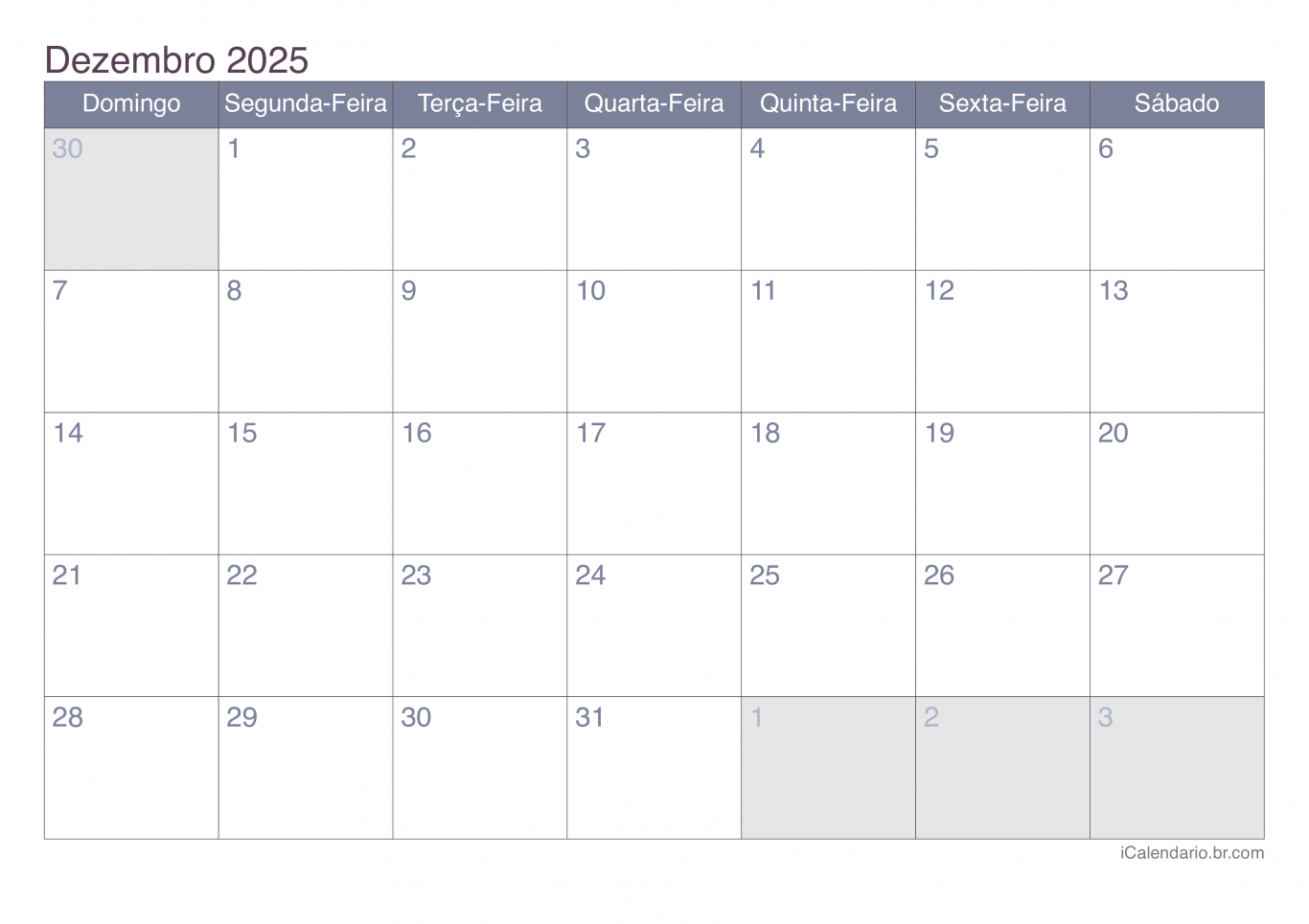 Calendário de dezembro 2025 - Office