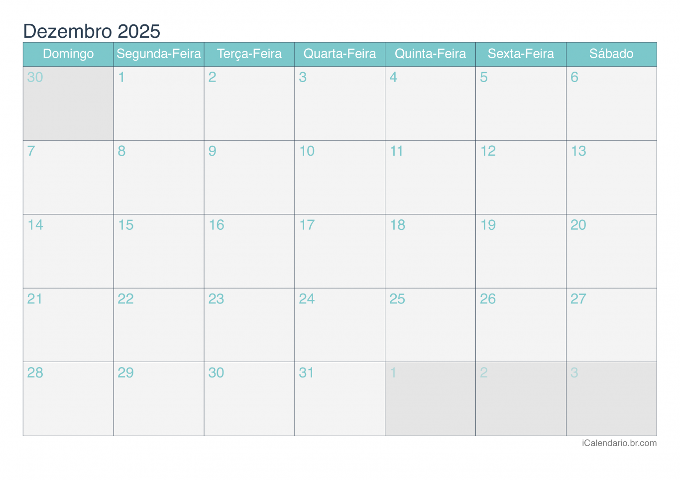 Calendário de dezembro 2025 - Turquesa