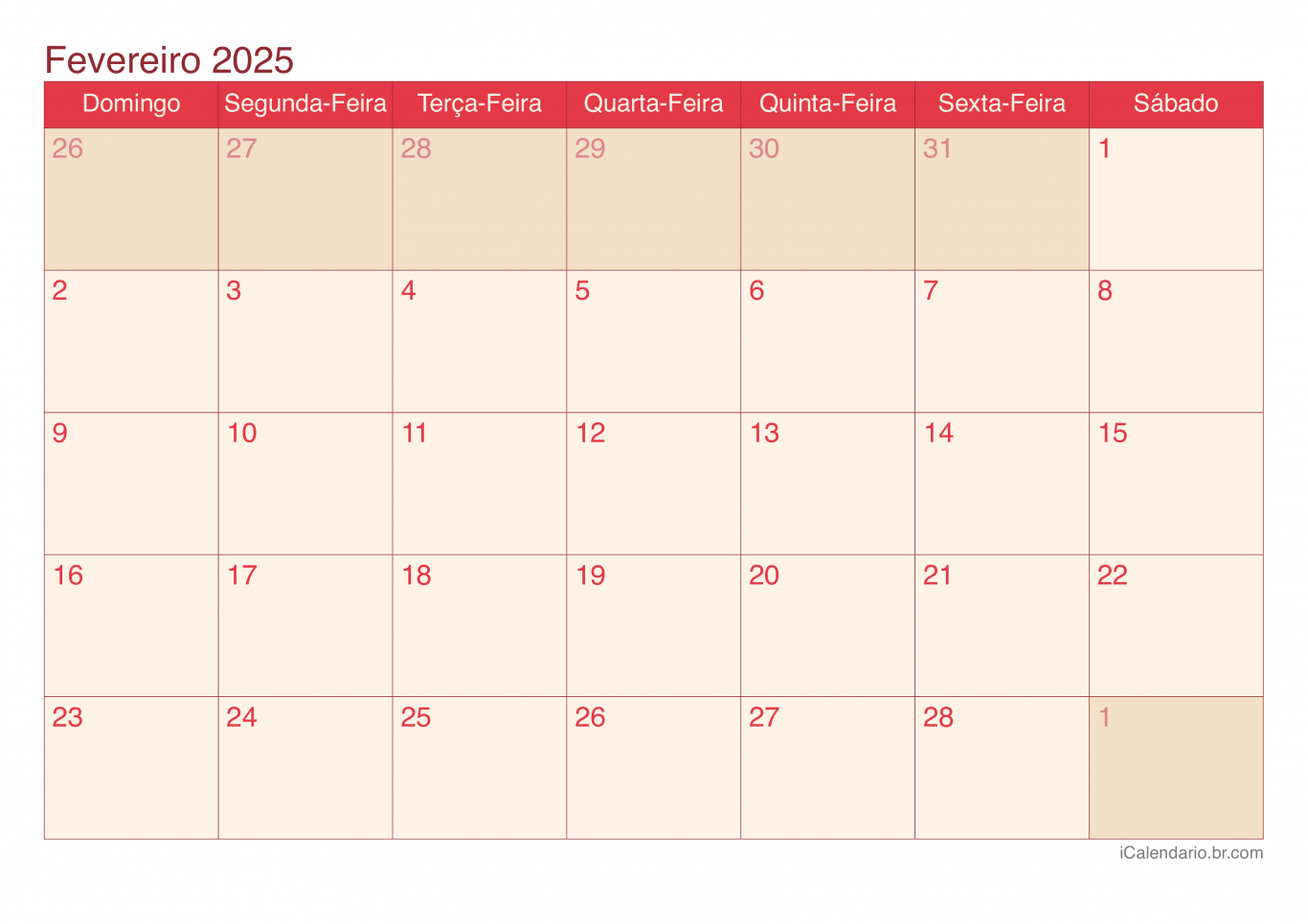 Calendário de fevereiro 2025 - Cherry