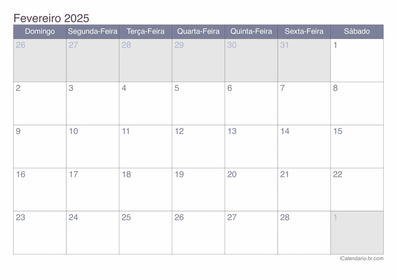 Calendário de fevereiro 2025 - Office