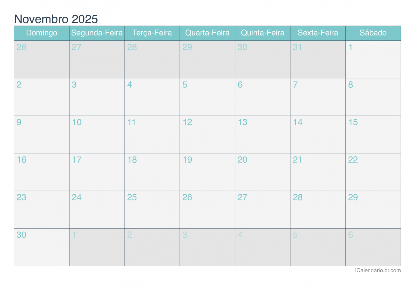 Calendário de novembro 2025 - Turquesa