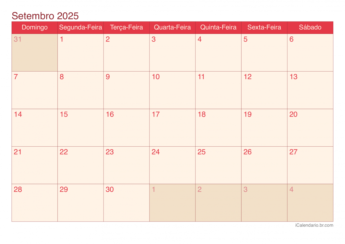 Calendário de setembro 2025 - Cherry