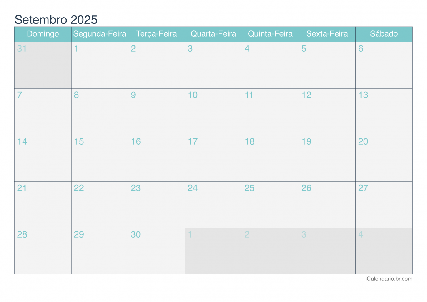 Calendário de setembro 2025 - Turquesa