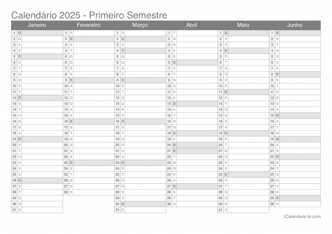 Calendário por semestre 2025