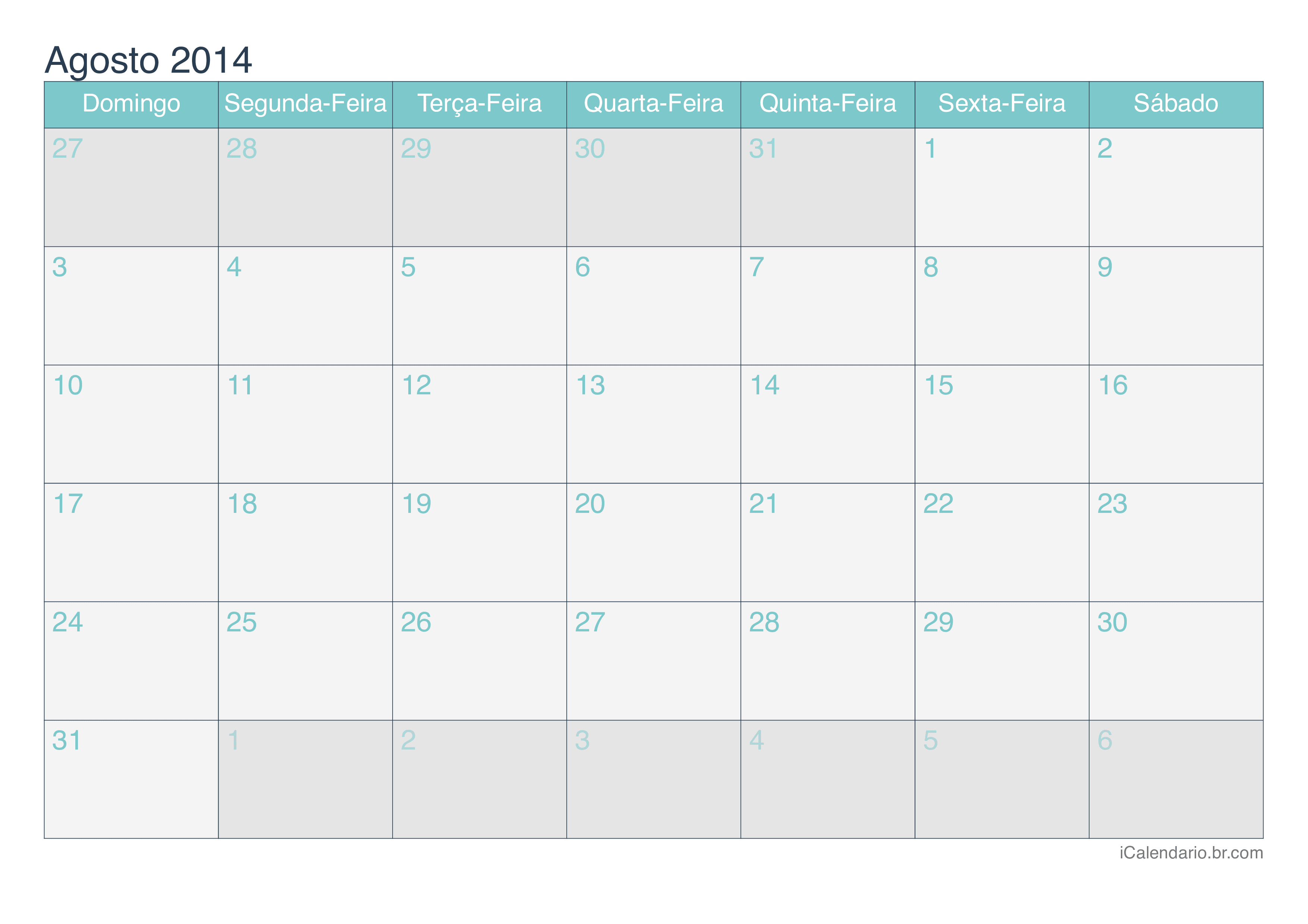 Calendário de agosto 2014 - Turquesa