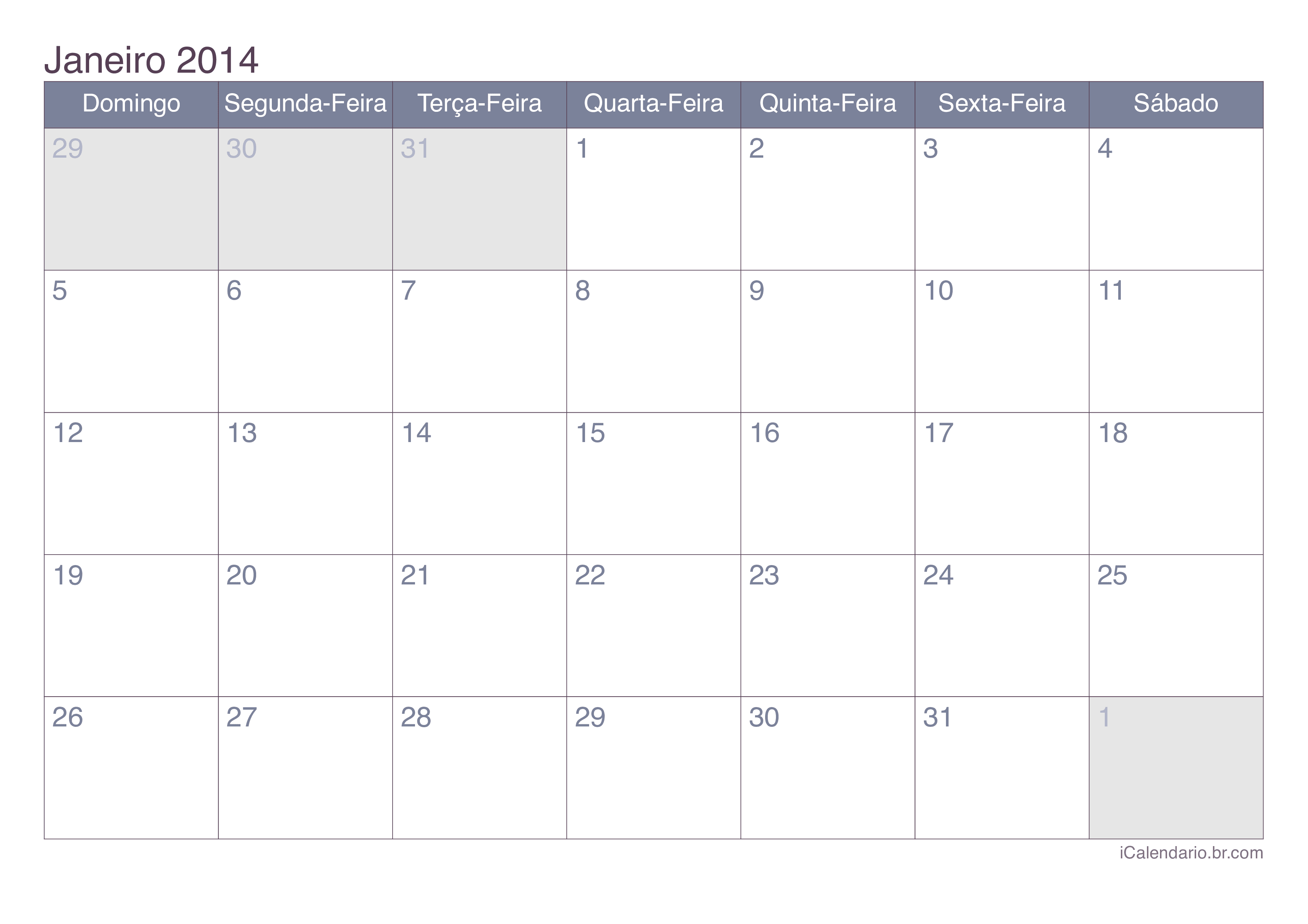 Calendário por mês 2014 - Office