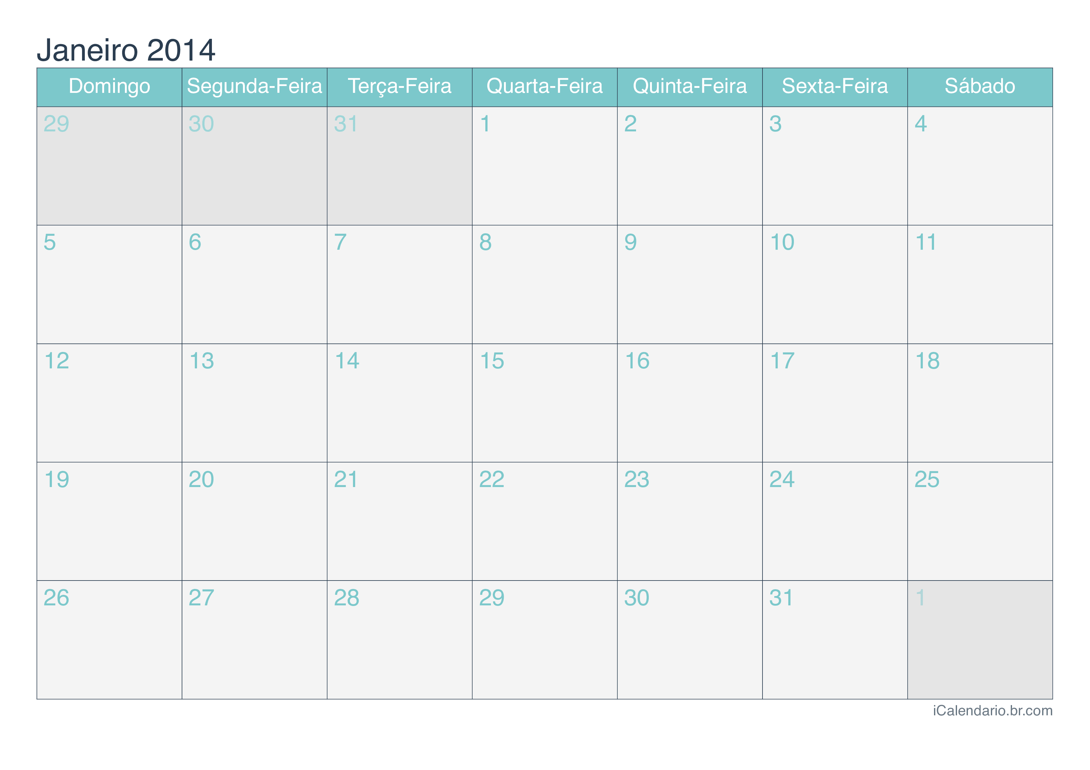 Calendário de janeiro 2014 - Turquesa