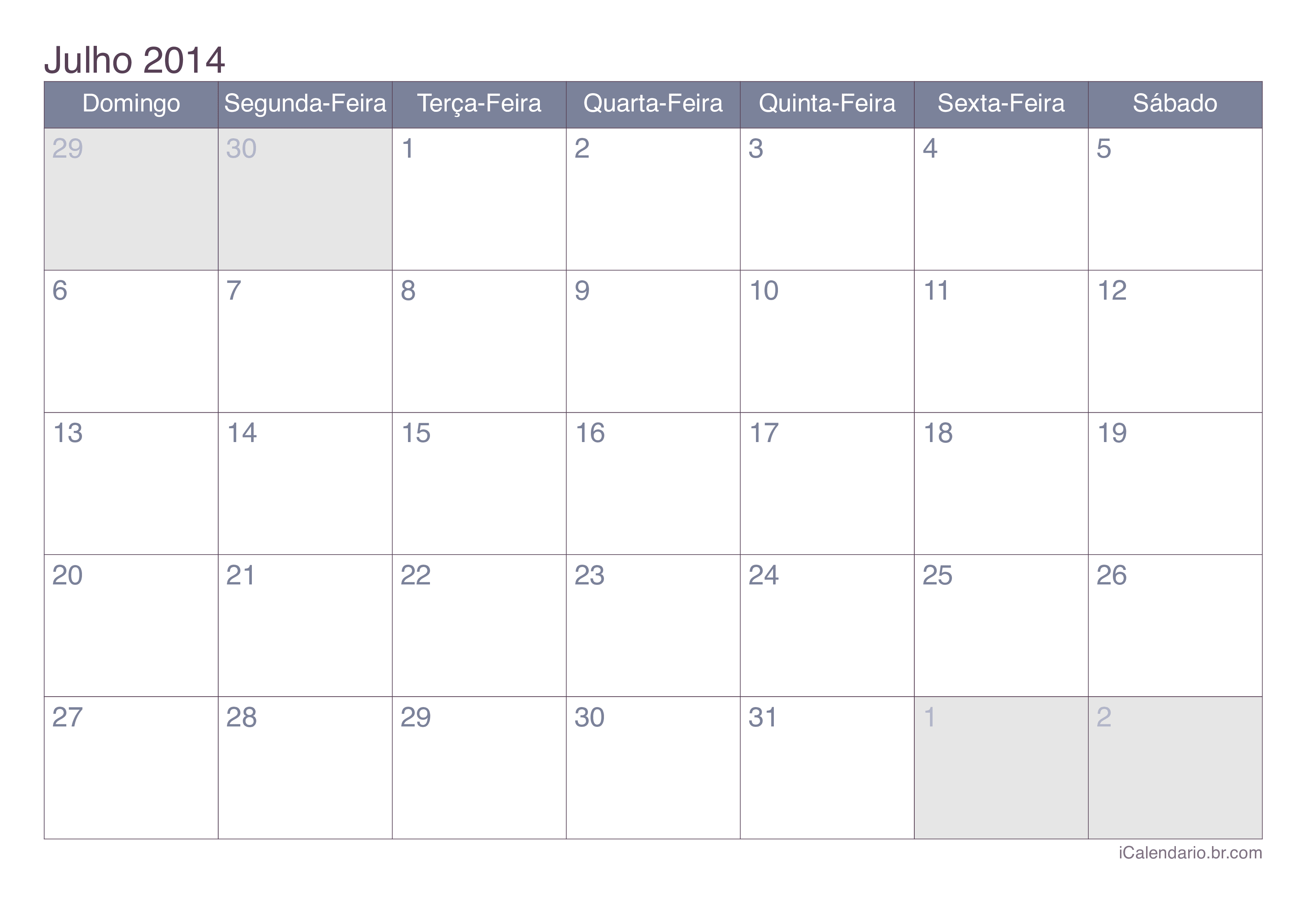 Calendário de julho 2014 - Office