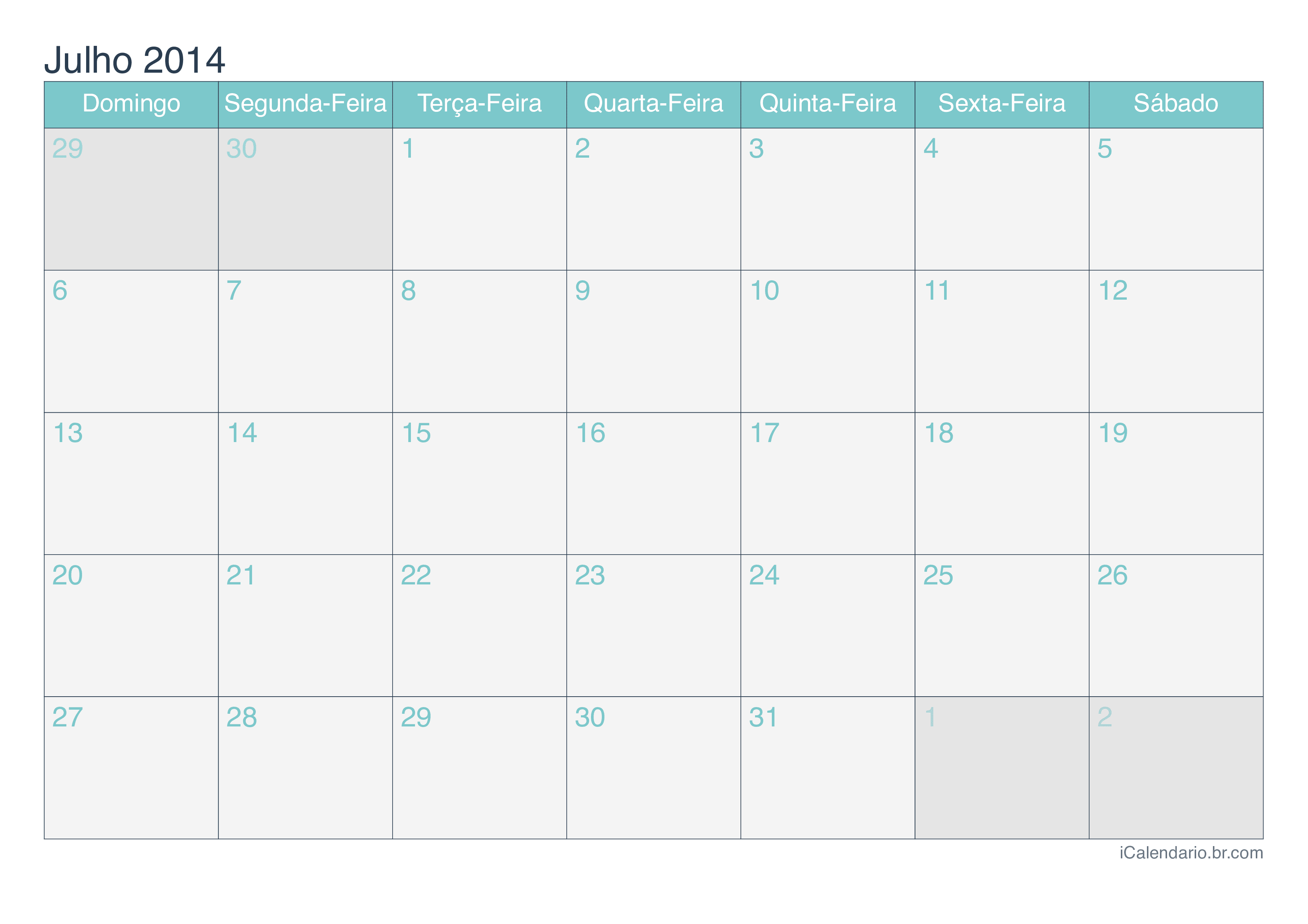 Calendário de julho 2014 - Turquesa