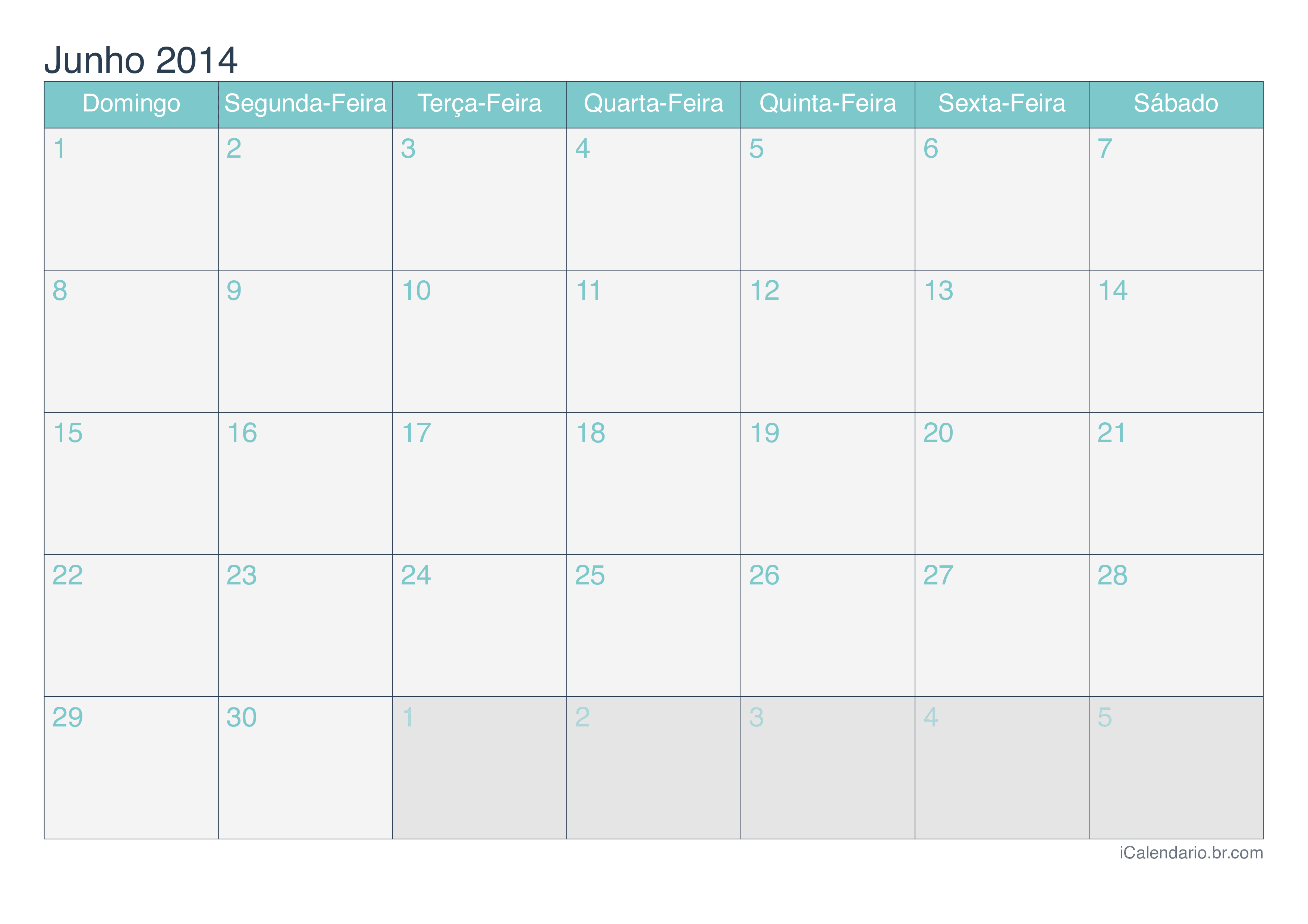 Calendário de junho 2014 - Turquesa