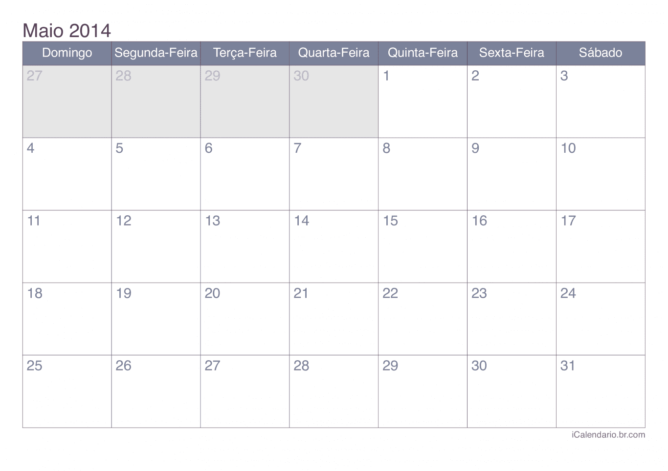 Calendário de maio 2014 - Office