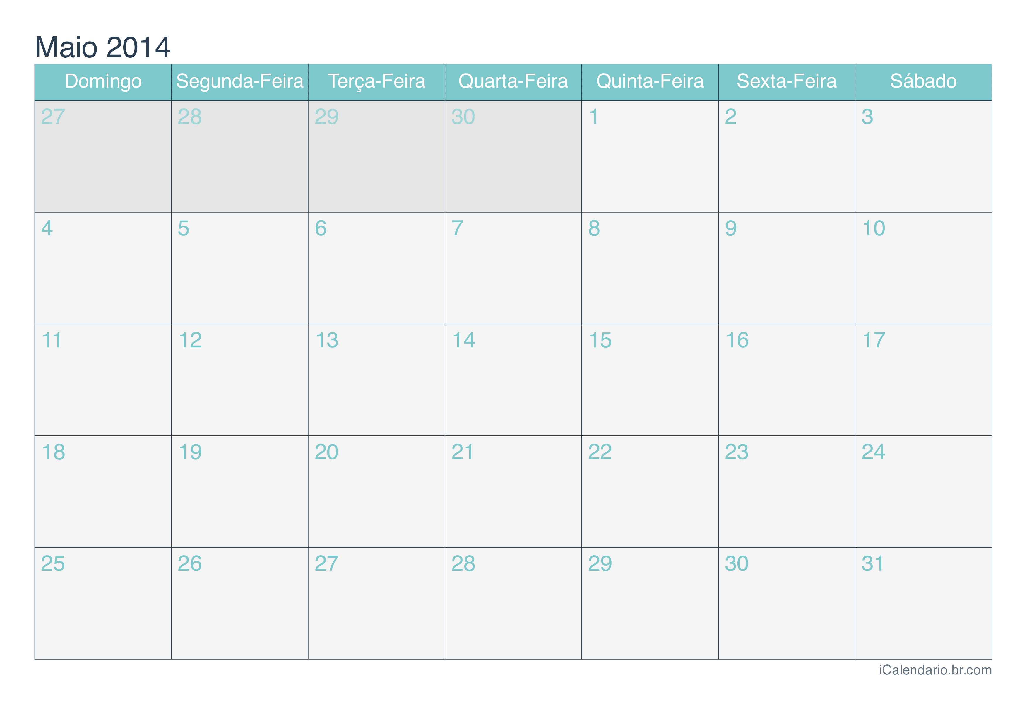 Calendário de maio 2014 - Turquesa