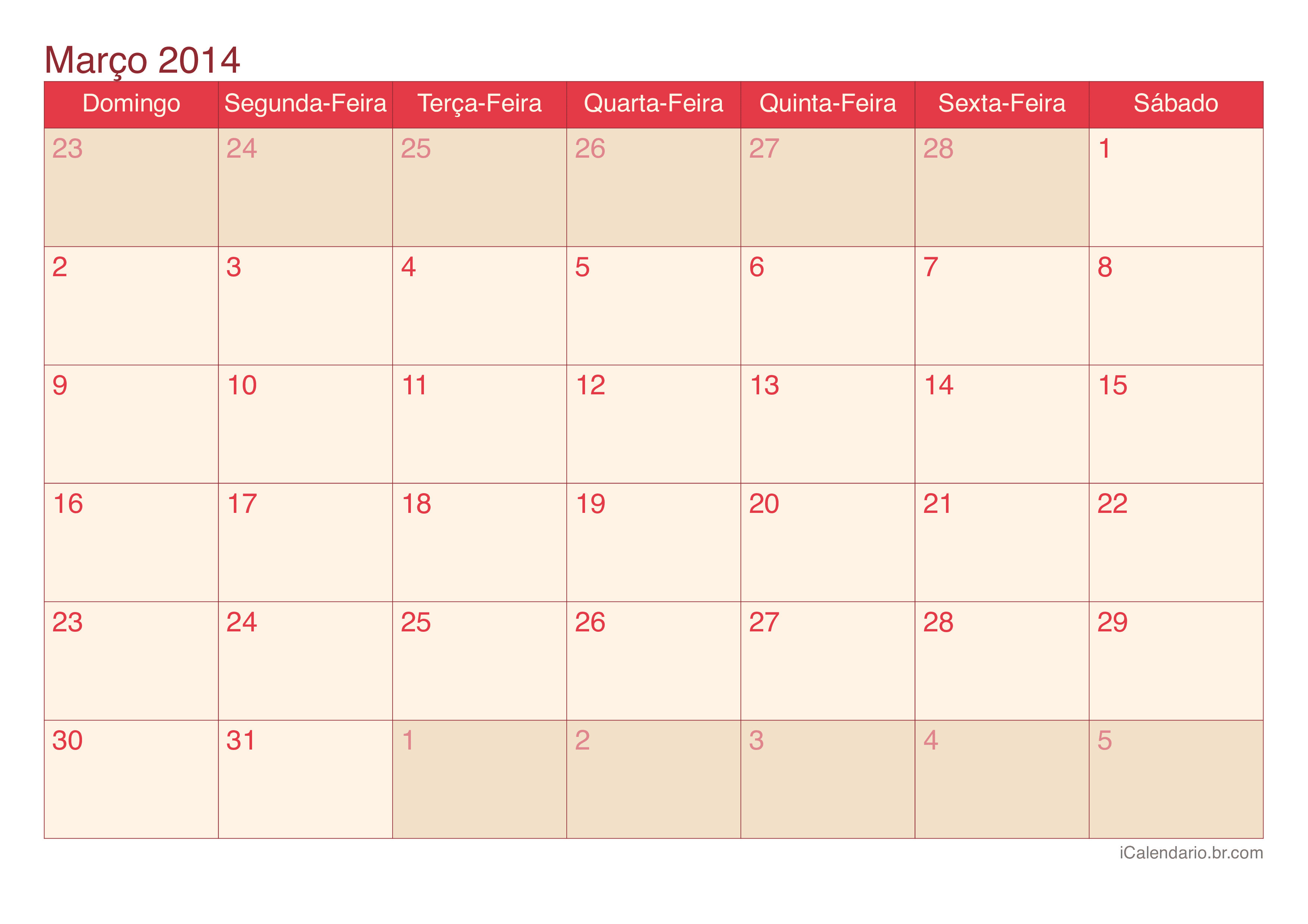 Calendário de março 2014 - Cherry
