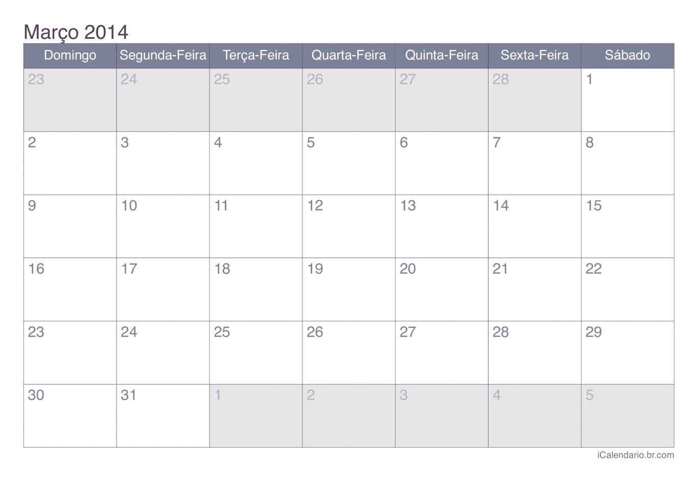 Calendário de março 2014 - Office