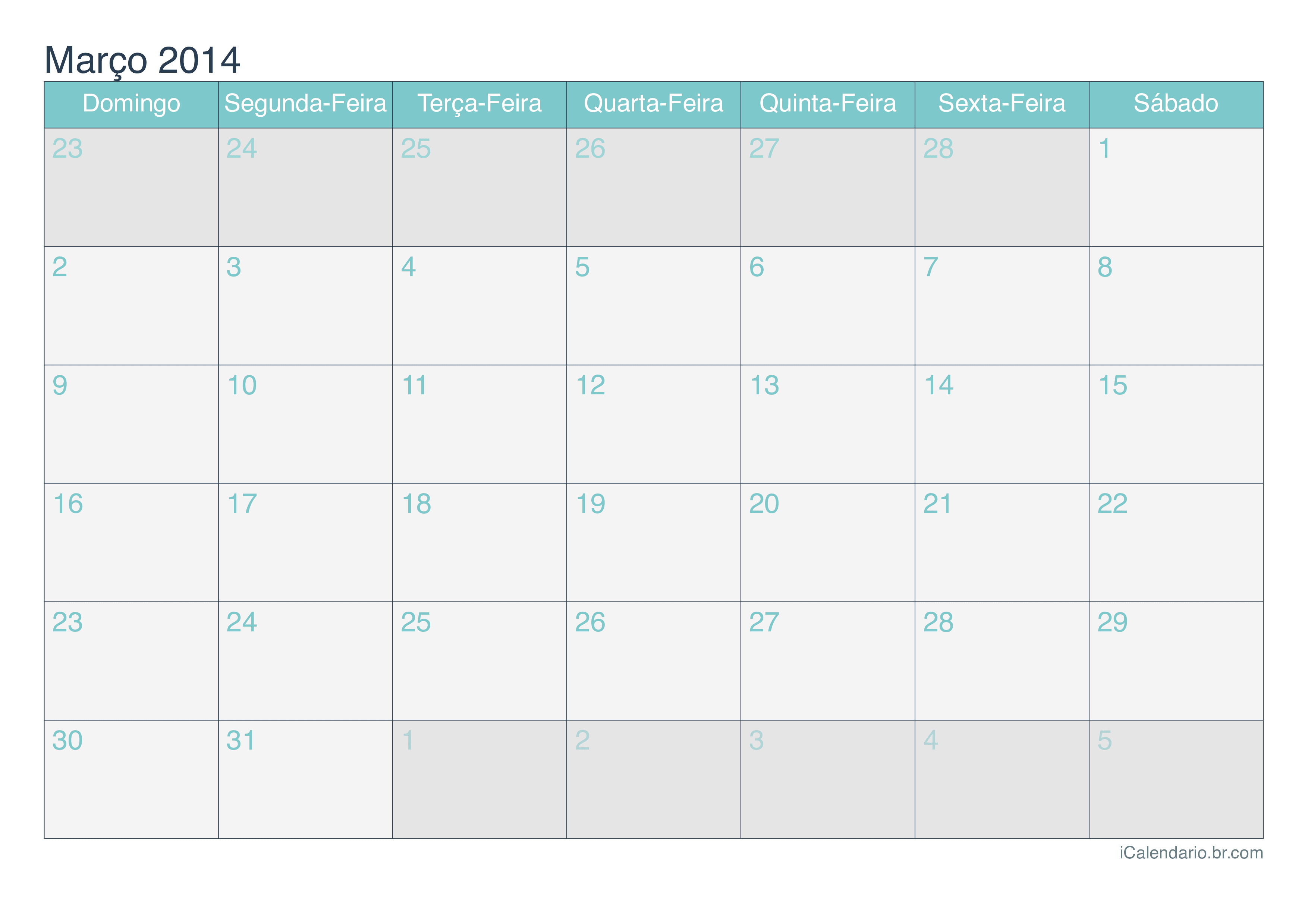 Calendário de março 2014 - Turquesa