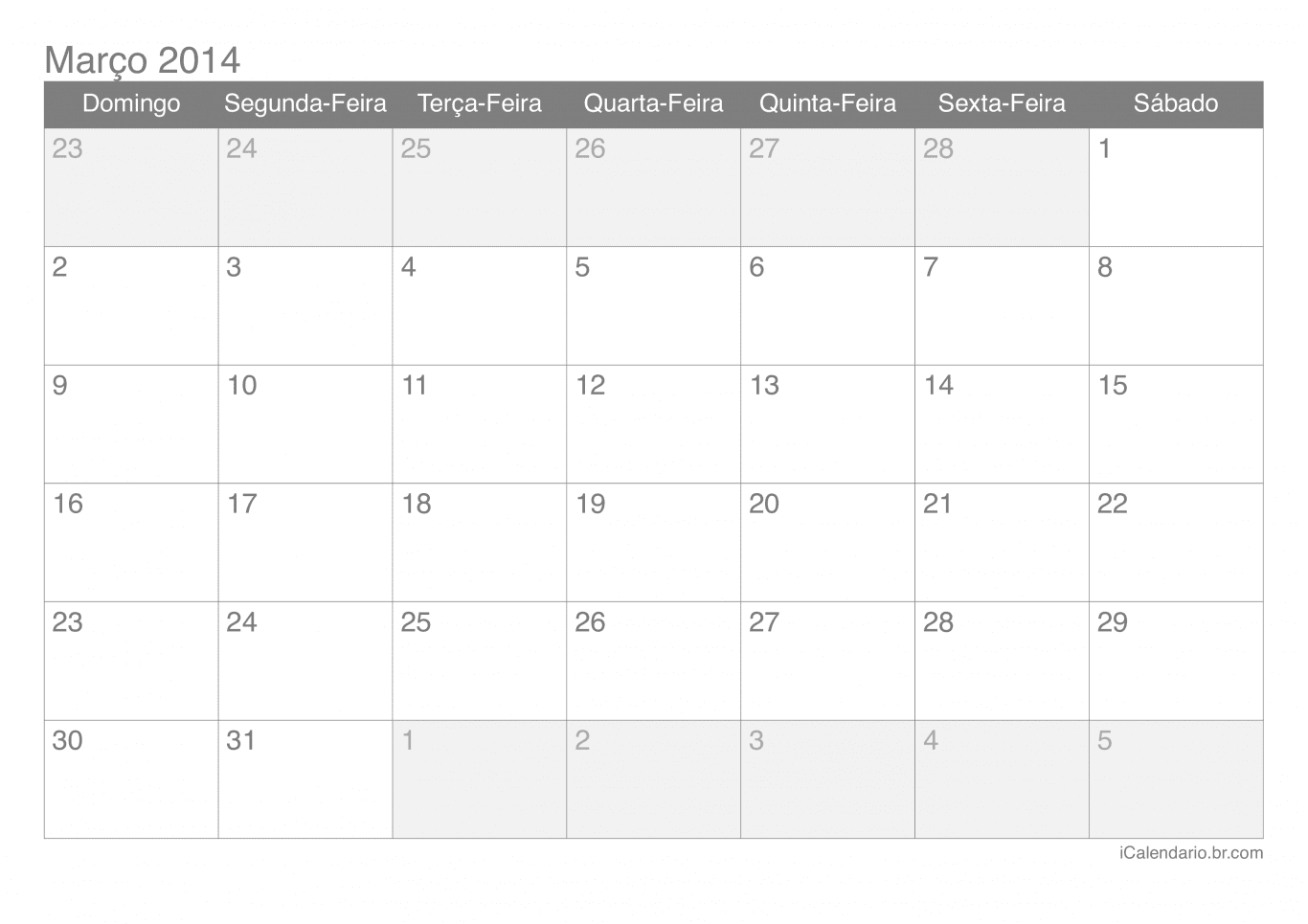 Calendário de março 2014