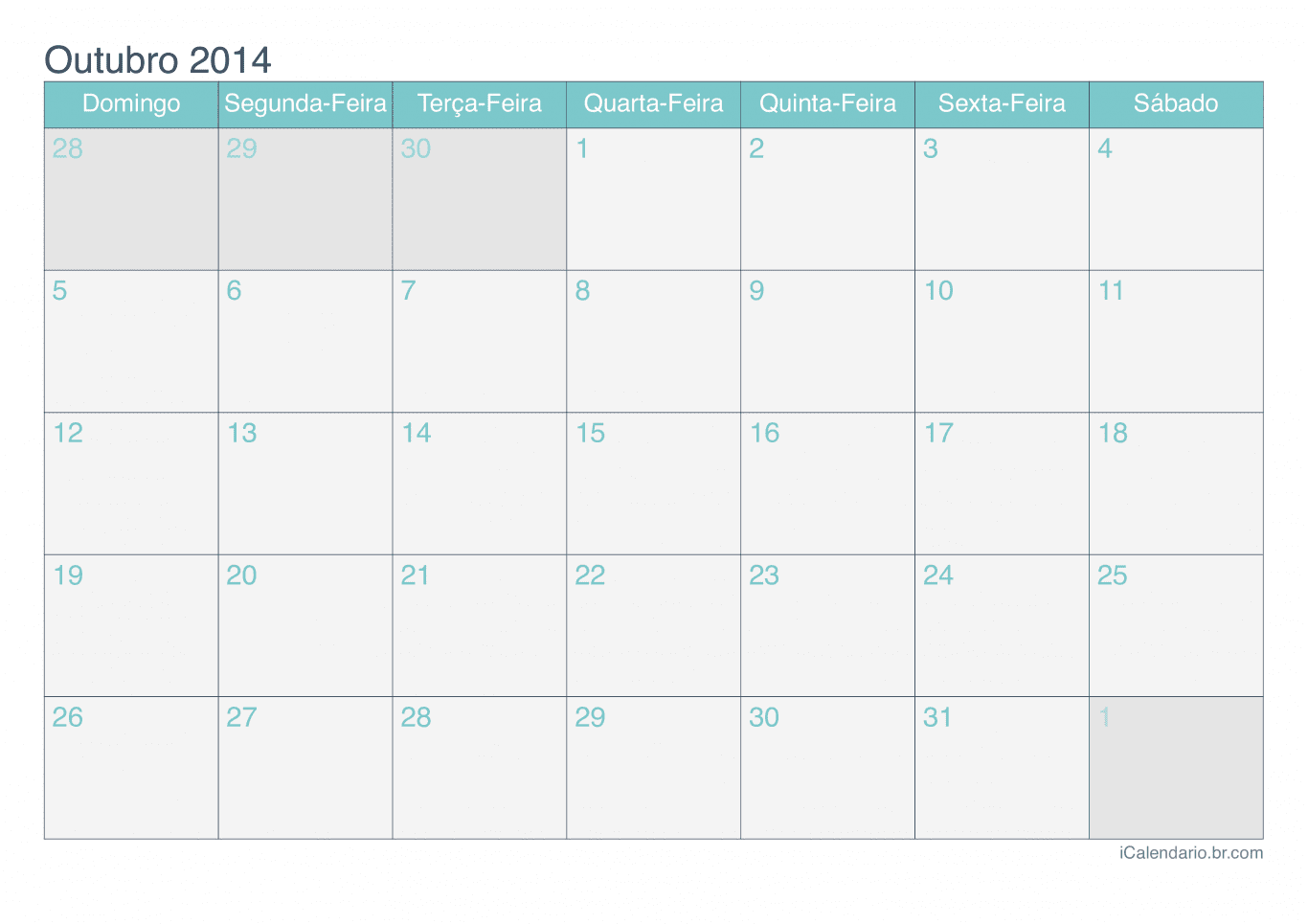 Calendário de outubro 2014 - Turquesa