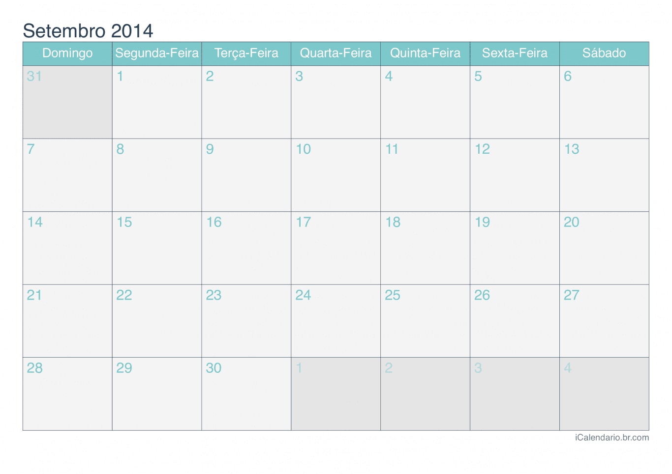 Calendário de setembro 2014 - Turquesa