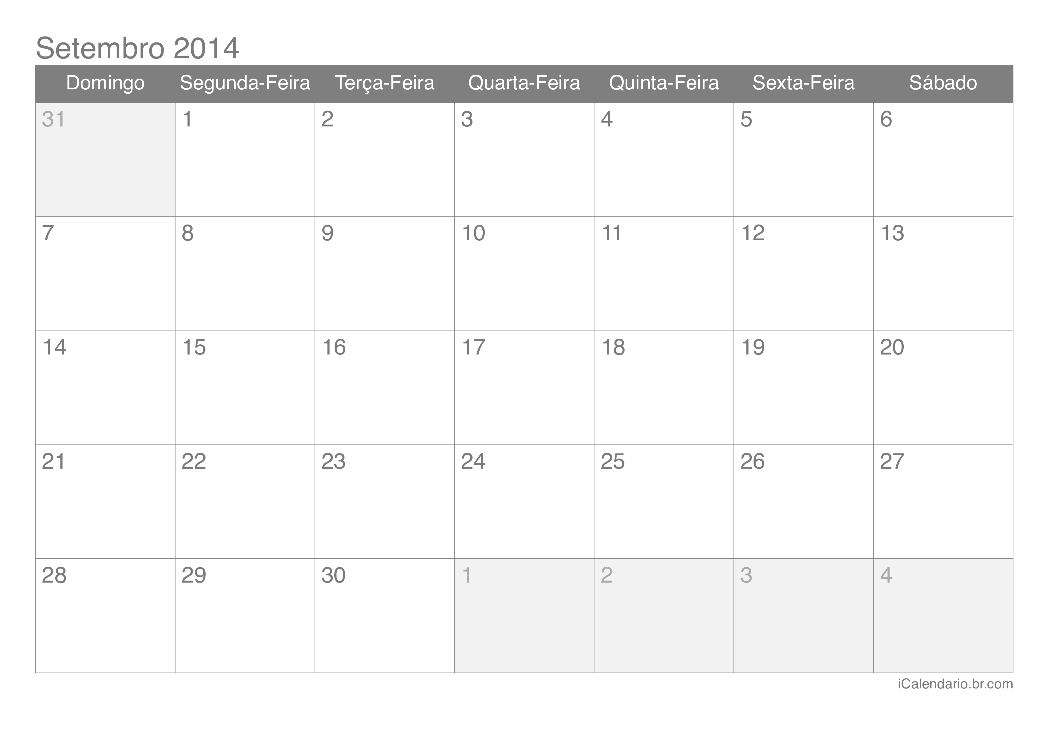 Calendário de setembro 2014
